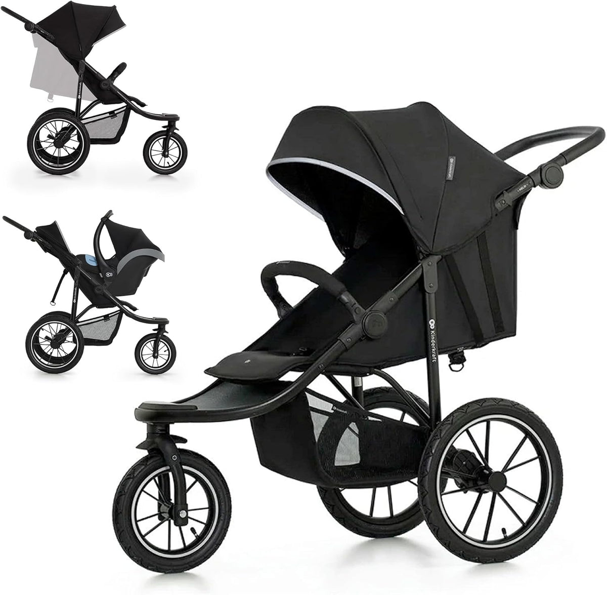 Kinderkraft HELSI 2 jogger todoterreno - Desde nacimiento hasta 22 kg - 3 ruedas neumáticas con arnés 5 puntos - Negro con cesta grande para paseos off road