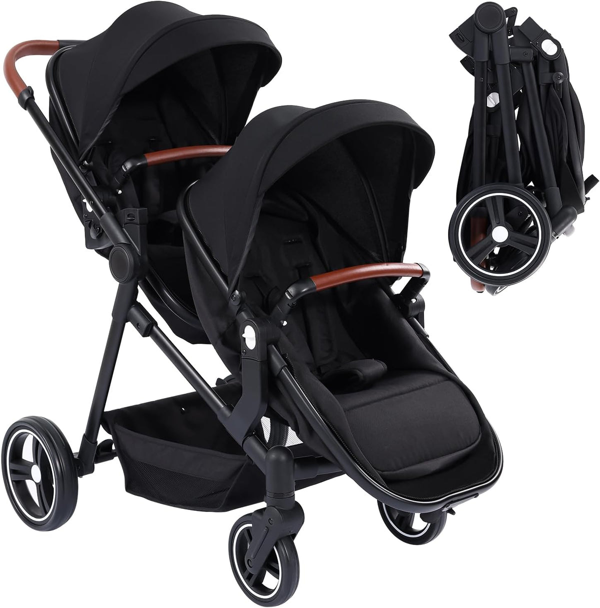 Cochecito doble tándem ligero - Desde nacimiento hasta 36 meses y 30 kg - Asientos reversibles con capazo - Marco de aluminio plegable negro y arnés 5 puntos