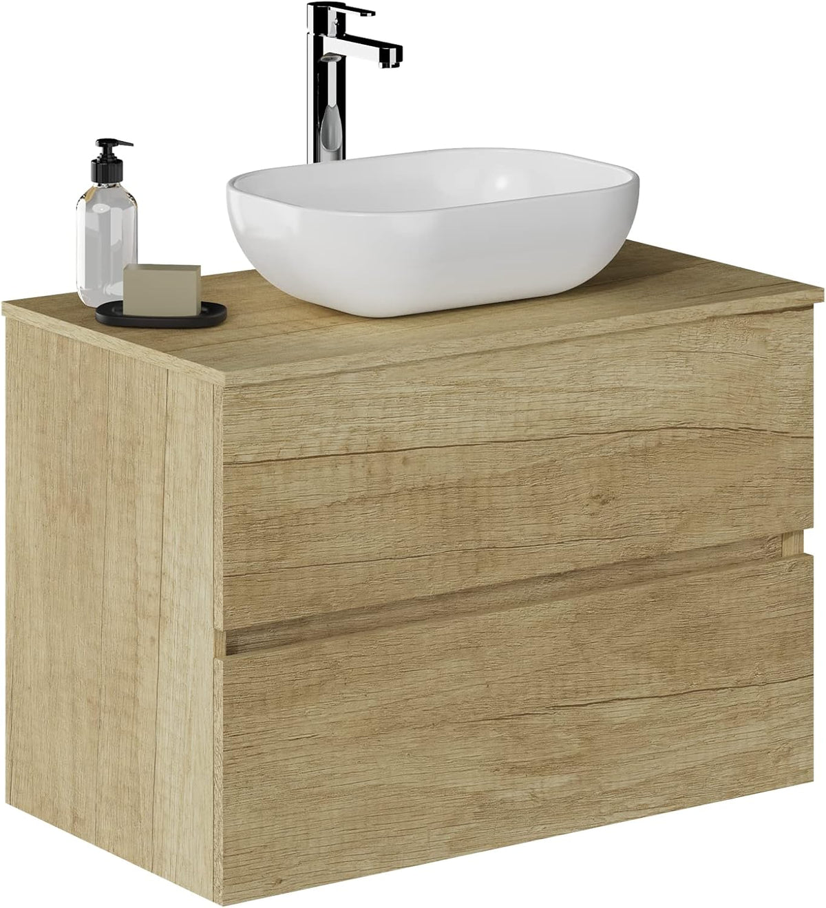 Baikal Onyx mueble de baño suspendido 80 cm - 2 cajones con lavabo cerámico - Melamina de 16 mm - Mueble montado acabado Nature para baño moderno