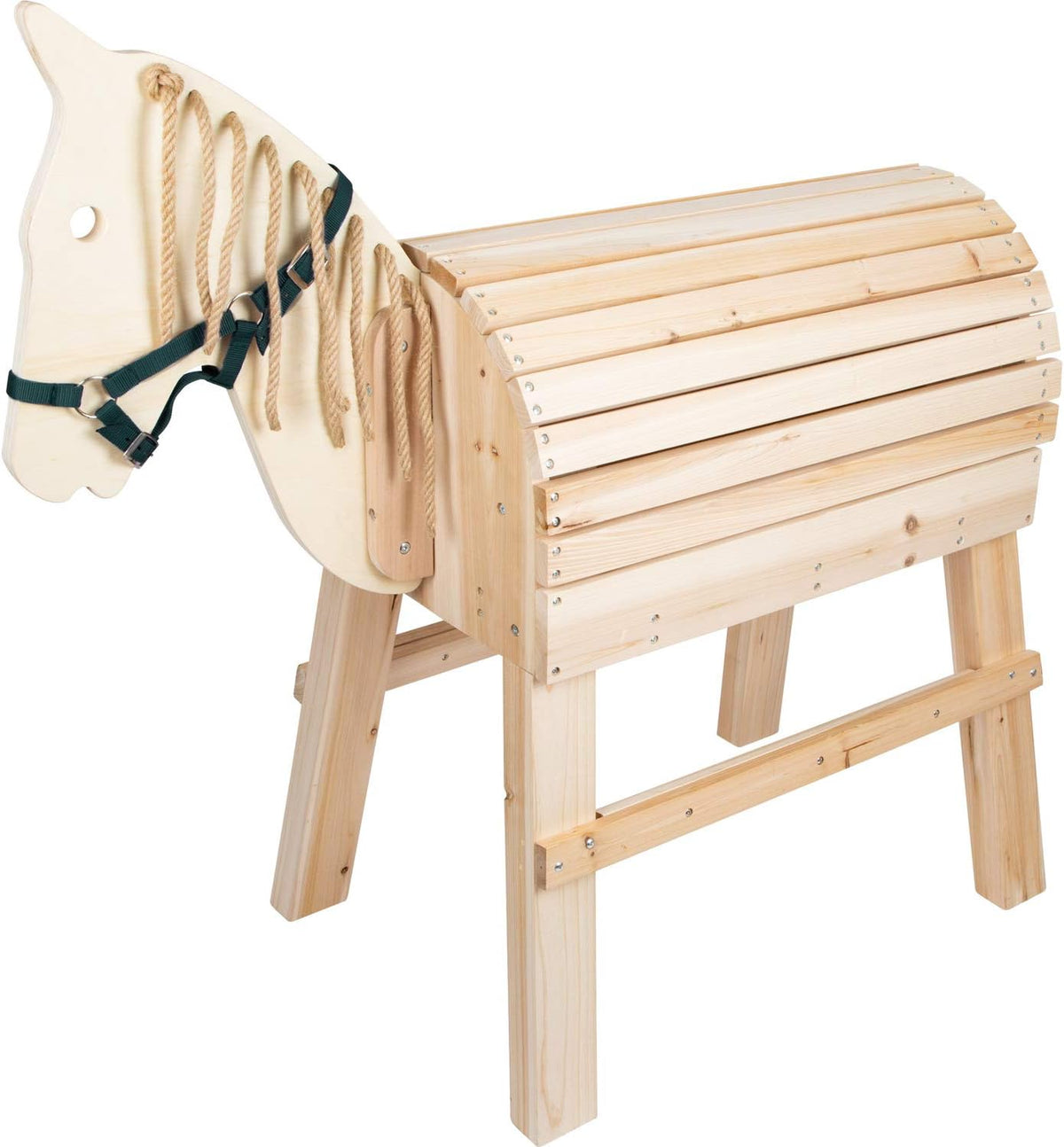 Caballo de madera infantil exterior - con ayuda para montar cabestro y almacén - juego motor desde 3 años