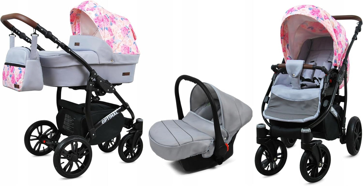 Carrito de bebé 3 en 1 - Aluminio y poliéster color Peony And Rose - Capazo silla de paseo y silla de coche - Sistema modular plegable hasta 15 kg