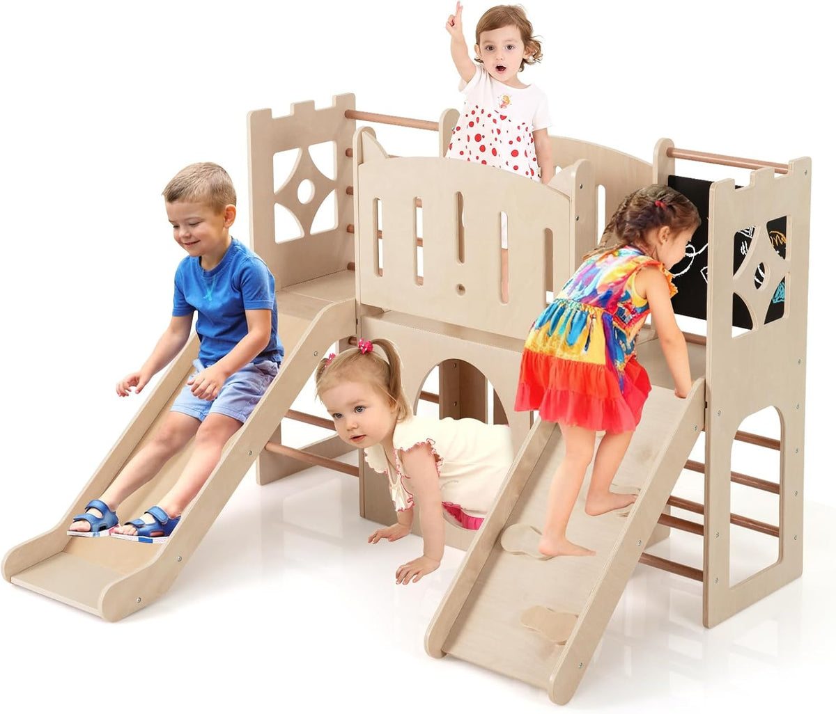 Parque infantil madera 8 en 1 - castillo Montessori con tobogán y túnel - interior desde 3 años