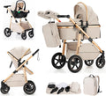 Carrito de bebé 3 en 1 - Aluminio color beige - Silla reversible asa ajustable y ruedas delanteras bloqueables - Plegable hasta 22 kg de 0 a 4 años