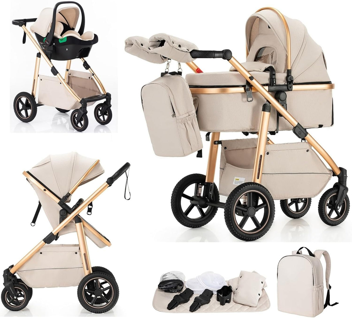 Carrito de bebé 3 en 1 - Aluminio color beige - Silla reversible asa ajustable y ruedas delanteras bloqueables - Plegable hasta 22 kg de 0 a 4 años