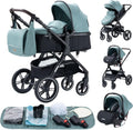 Carrito de bebé 3 en 1 todoterreno - Marco de aluminio color verde - Diseño compacto de paisaje alto - Plegable con arnés de 5 puntos hasta 36 kg
