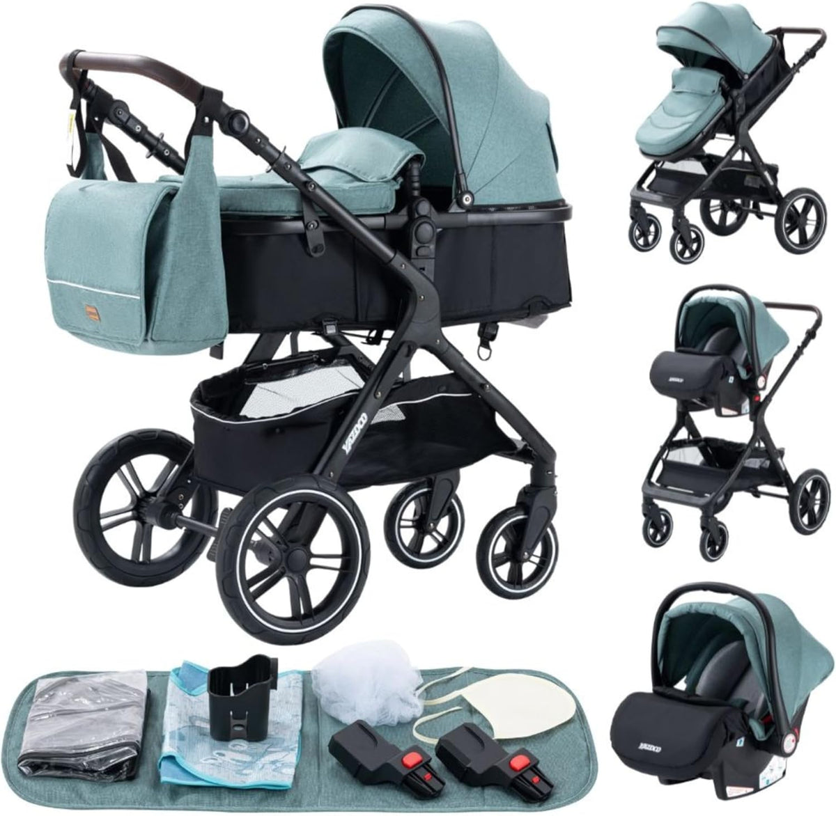 Carrito de bebé 3 en 1 todoterreno - Marco de aluminio color verde - Diseño compacto de paisaje alto - Plegable con arnés de 5 puntos hasta 36 kg
