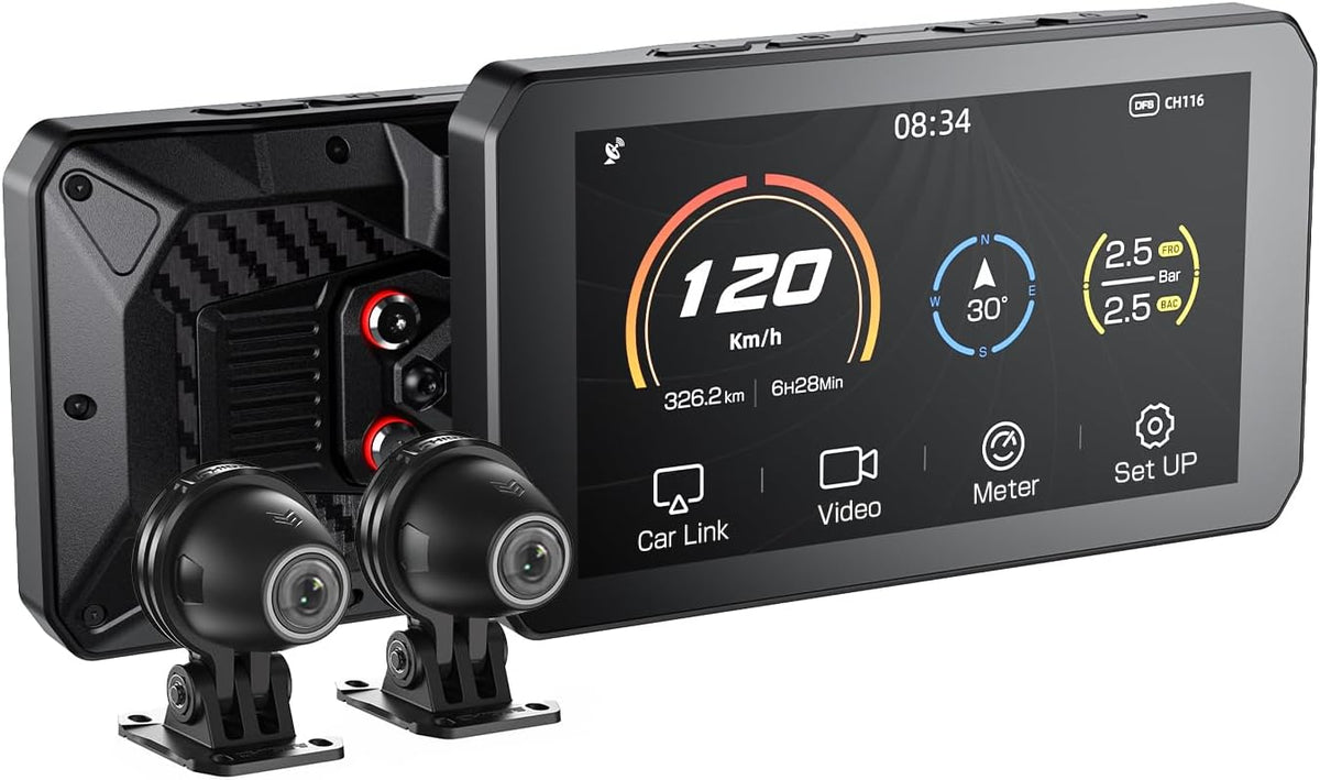 Pantalla moto 5 pulgadas 1000 nits - CarPlay Android Auto cámaras 1080P BSD - GPS impermeable Bluetooth