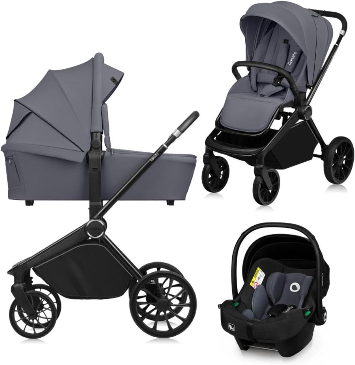 Cochecito de bebé 3 en 1 - Aluminio y acero gris con poliéster - Capazo silla de paseo y portabebés - Suspensión y ruedas giratorias hasta 22 kg