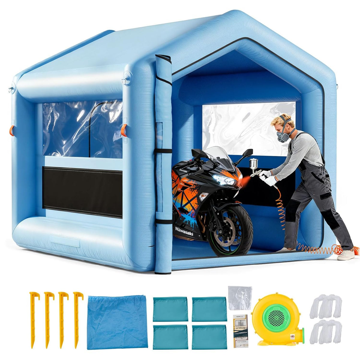 VEVOR Cabina de pintura inflable - Formato azul de 3 x 2,5 x 2,5 m con área de 7,5 m2 - Soplador y sistema de filtro de aire - Para bicicletas motos y chapa automotriz