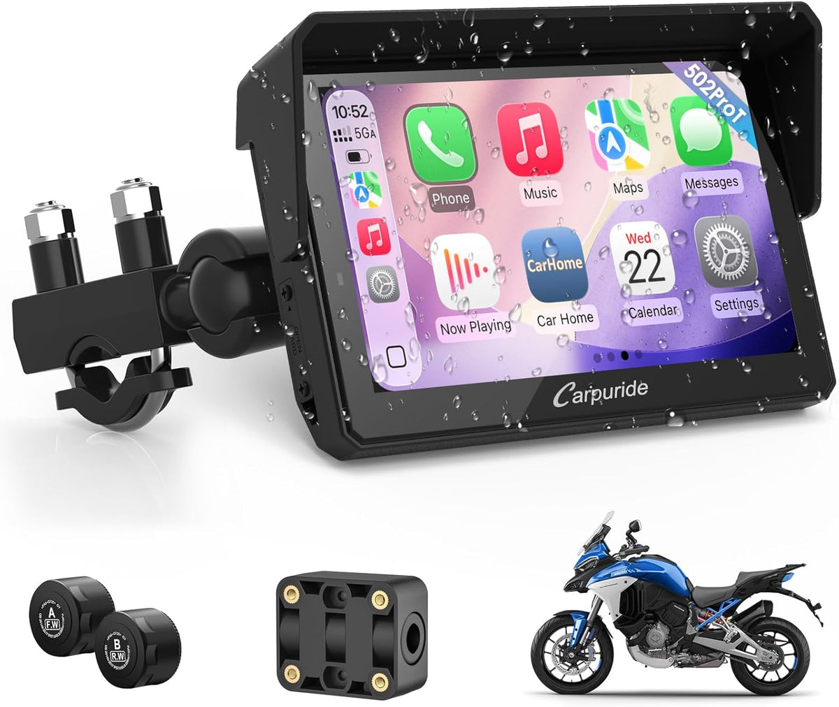 Carpuride W502TPRO Pantalla GPS Moto 5 Pulgadas Impermeable Carplay Android Auto TPMS Bluetooth Intercom Brújula Barómetro Sensor Luz Navegación Moto Display - Pantalla GPS Moto Multifuncion - Sistema Inteligente de Seguridad para Motocicleta