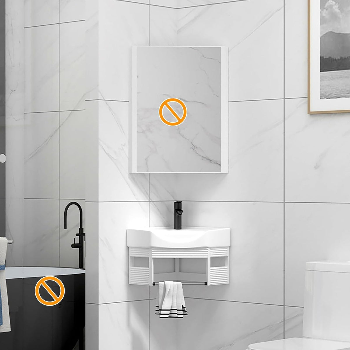 Lavabo triangular de cerámica 15 x 15 pulgadas - Instalación suspendida en esquina - Recipiente de almacenamiento integrado - Diseño blanco para baño y aseo pequeño