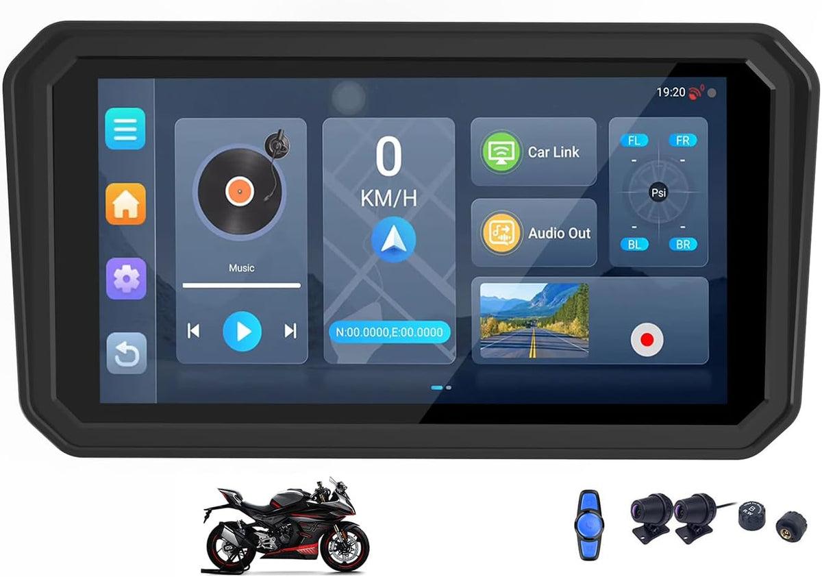 Pantalla DVR Motocicleta 6 Pulgadas CarPlay Android Auto GPS Monitor Portatil IP67 Impermeable Navegacion Moto Sistema Multimedia SD No Incluida - Pantalla Moto DVR 6 Pulgadas CarPlay Android Auto - Sistema de Navegación Portátil para Motocicleta