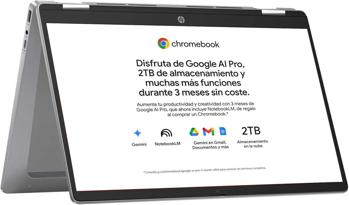 HP Chromebook x360 14 Portatil Google Intel N100 4GB RAM 128GB eMMC ChromeOS Laptop Convertible FHD 14 Pulgadas Google AI Pro 2TB Almacenamiento - Portatil Educativo - Ordenador para Estudio y Navegacion