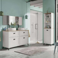 Mueble de baño doble 120 x 47 x 92 cm - Melamina blanca y roble Cambrian - Dos cajones y dos puertas con lavabos - Montaje en suelo de estilo moderno
