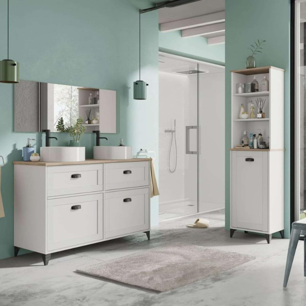 Mueble de baño doble 120 x 47 x 92 cm - Melamina blanca y roble Cambrian - Dos cajones y dos puertas con lavabos - Montaje en suelo de estilo moderno