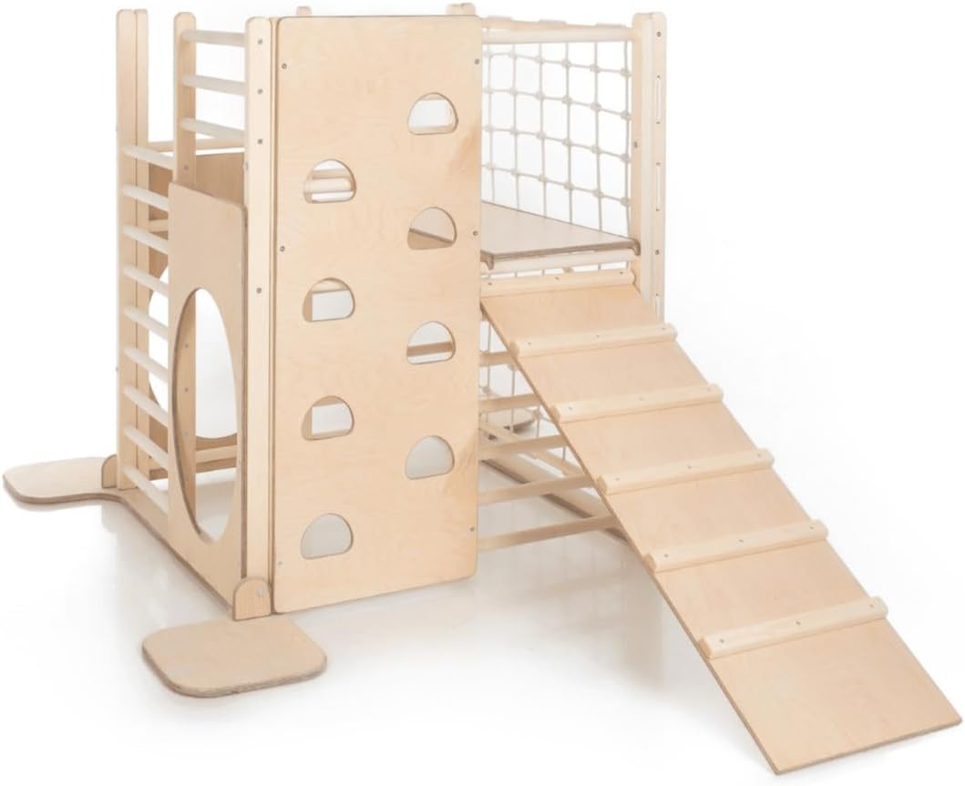 Parque infantil madera Montessori - interior plegable con escalera y tobogán - 6 meses a 7 años