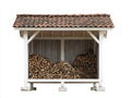 Leñero de jardín 240x85x190 cm - madera blanca y techo de tejas marrón - diseño exterior cubierto