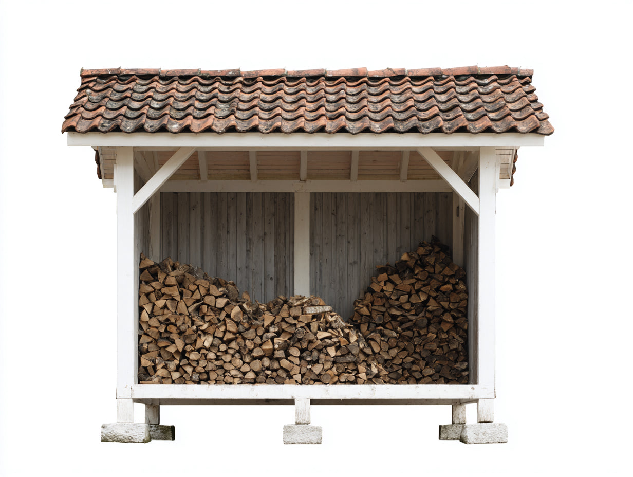 Leñero de jardín 240x85x190 cm - madera blanca y techo de tejas marrón - diseño exterior cubierto