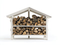 Leñero de jardín 160x65x145 cm - madera blanca y techo a dos aguas - diseño exterior compacto