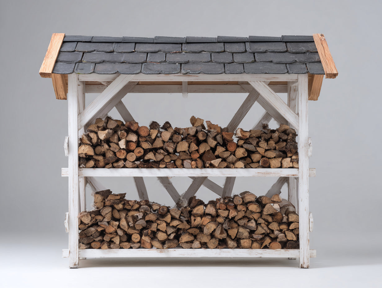 Leñero de jardín de madera con tejado de pizarra 170x65x155 cm - Blanco-Natural-Negro - Diseño rústico exterior
