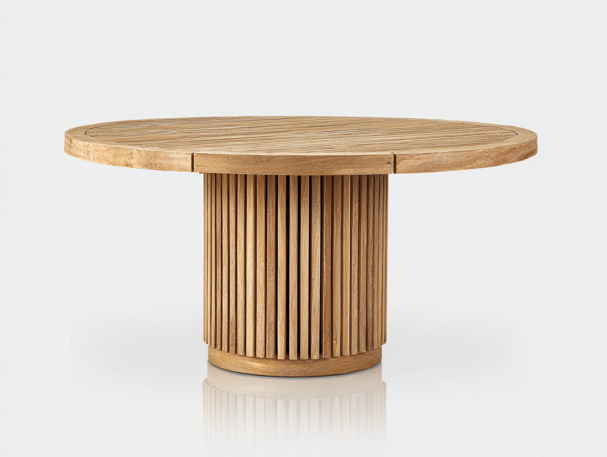 Mesas de jardín madera 140x140x76 cm - marrón - diseño redondo con base cilíndrica de listones